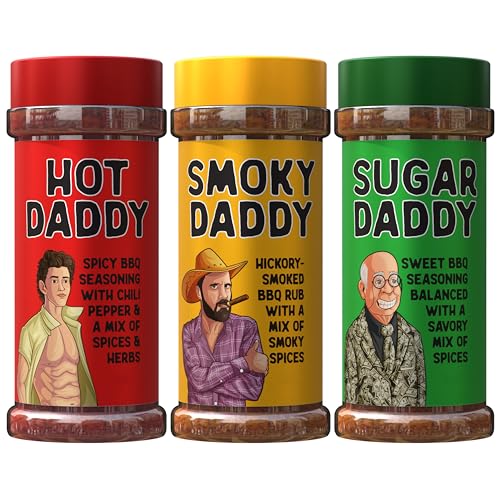 BBQ Rub Dad Gift Set -3 FLAVORS - Sugar Daddy, Hot Daddy, Smoky Daddy. Barbecue Seasoning, Valentines Day Gift for Him Fathers Day Dad Gifts Christmas Stocking Stuffers for Dads Birthday Gifts for Men