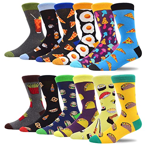 MAKABO Fun Casual Socks For Men Colorful Patterned Funny Novelty Dress Crew Socks 12 Packs (Sock size: 10-13 | Shoe size: 6-12, 12 Pairs - Fun Food Series)