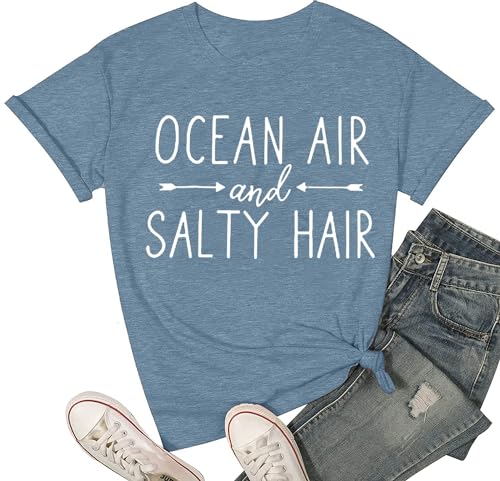 Women Funny Saying Ocean Air and Salty Hair Shirt Summer Letter Printed Beach Tee Shirt Ocean Trip Cruise Vacation Hawaiian Outfit, Ink Blue XXL