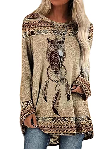 Bengbobar Native Aztec Owl Dream Catcher American Pullover Long Sleeve Crewneck Sweatshirt Western Ethnic Shirt Print Sweatshirt M