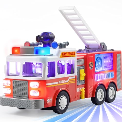JOYIN LED Fire Truck Toy for Toddlers - LED Projections & Sirens, Bump and Go Fire Engine Trucks with Mode Switch & Volume Control, Boys&Girls Firetruck, Kids Birthday