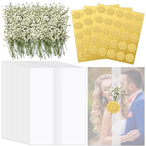 Fabbay Wedding Invitations Wraps Set Include Pre Folded Vellum Jackets for 5x7 Invitations Natural Dried Pressed Flowers Gold Self Adhesive Envelope Seal Stickers for Craft DIY(50)