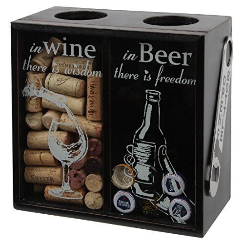 Lily's Home Wine Cork and Beer Cap Holder, Wooden Wine Cork and Beer Caps Shadow Box with Beer Cap Opener, Black (8 3/4' x 4 1/2' x 8 3/4')