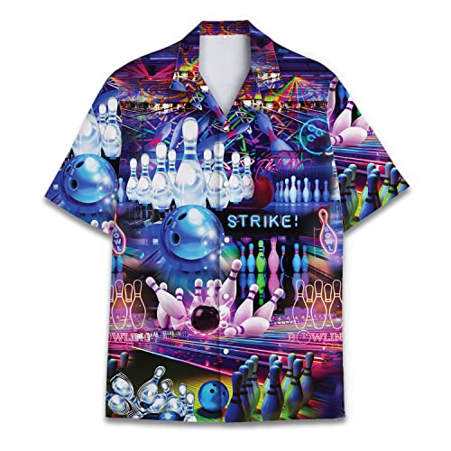 Funny Bowling Hawaiian Shirts for Men, Bowling Short Sleeve Button Down Shirt