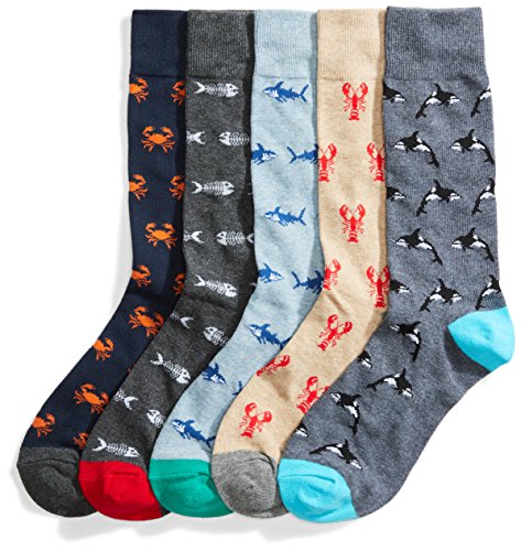 Amazon Essentials Men's Patterned Socks (Previously Goodthreads), 5 Pairs, Crab/Dolphin/Sea Life, One Size
