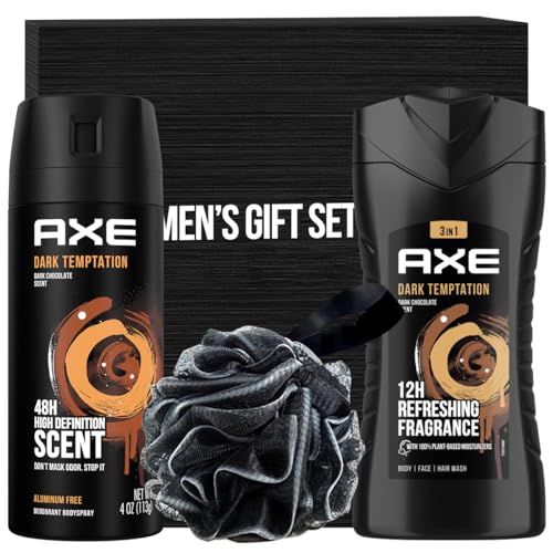 Father's Day Axe Gift Set for Men, Includes Dark Temptation Body Wash, Axe Men Dark Temptation Deodorant Spray and Mens Shower Loofah in Gift Box for Boyfriend Him Dad Fathers Man