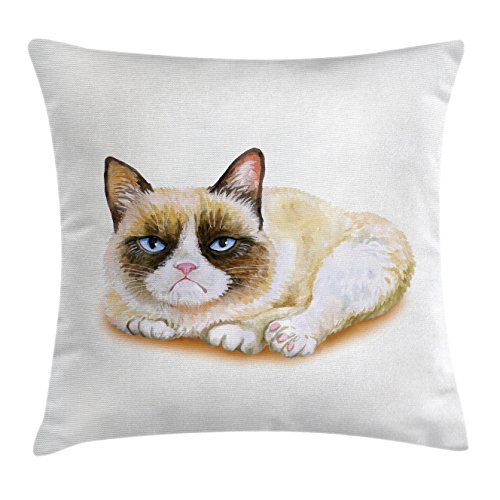 Ambesonne Animal Throw Pillow Cushion Cover, Grumpy Siamese Cat Angry Paws Kitten Moody Love Art Print Watercolor Look Print, Decorative Square Accent Pillow Case, 16' X 16', Beige and Brown