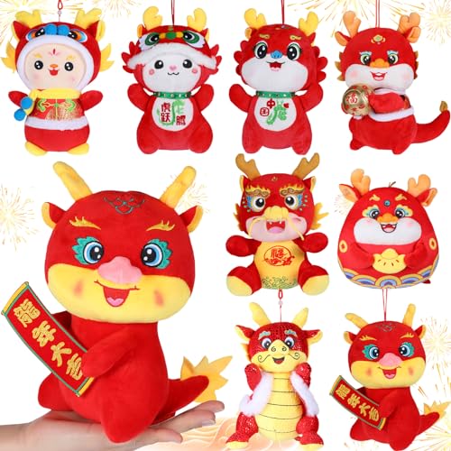 Motionchic 8 Pack 7.8 Inch 2024 Chinese New Year Dragon Stuffed Animals Plush Toy Lunar Year Mascot Doll Dragon Zodiac Ornament Chinese New Year Gifts Spring Festival Dragon Home Decor, 8 Styles