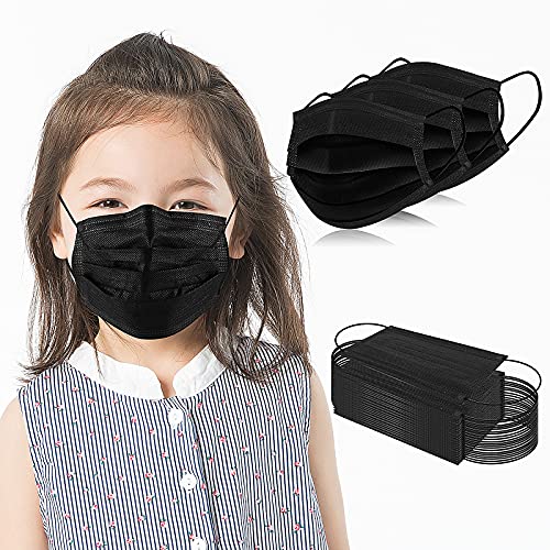 Kids Disposable Face Masks 3-Ply Protective 100 PCS Black Safety Breathable Mask Cover for Boys Girls with Adjustable Nose Clip & Elastic Ear Loop, Great for School/Kindergarten/Travel