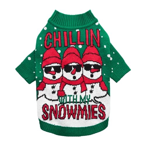 Fitwarm Chillin with My Snowmies Dog Ugly Christmas Sweater, Winter Dog Clothes for Small Dogs Girl Boy, Pet Holiday Sweatshirt, Cat Xmas Outfit, Green, Red, White, Medium