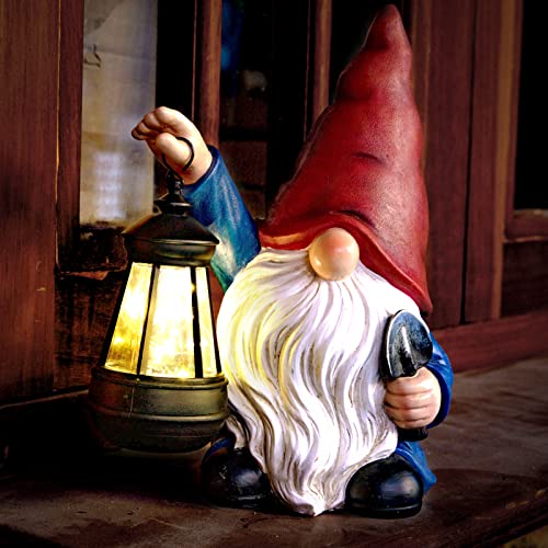 WONDHOME Garden Gnome Statue with Shovel Solar Gnomes Statue with Lantern LED Outdoor Decor Lights,Terrace Courtyard Lawn Patio Porch Decoration Christmas Housewarming Gift …