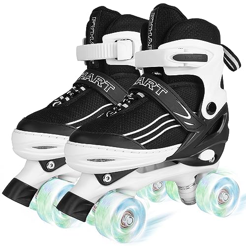 HXWY Boys Roller Skates for Girls Kids Child Youth, Adjustable 4 Sizes Roller Skates with Light Up Wheels for Beginners, Quad Black White Skates for Outdoor Indoor Sports (Medium-Big Kid 1-4)