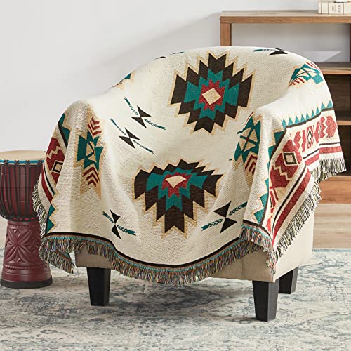 Touchat Native American Blanket Western Decor Boho Throw Blanket for Sofa, Mexican Decorative Farmhouse Blanket, Southwest Decor Woven Blanket, Aztec Throw Blankets with Tassel(Beige,50×60 inch)