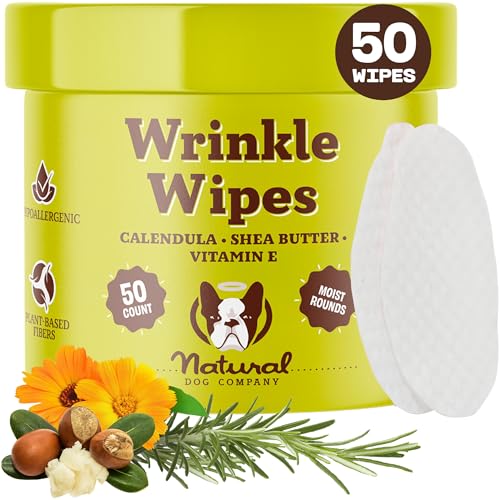 Natural Dog Company Wrinkle Wipes for Dogs, 50 Count, Hypoallergenic Dog Wipes, Wrinkle Wipes French Bulldog, Cleaning & Deodorizing, Dog Wipes for Grooming Faces, Paws & Butts