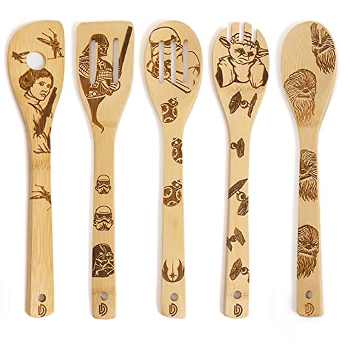 5 PCS Star War Burned Wooden Spoons Cooking Organic Spoons Turners Carved Spatulas Non-Stick for Cookware Kitchen Gadgets - Premium Quality Gifts for Housewarming and Wedding