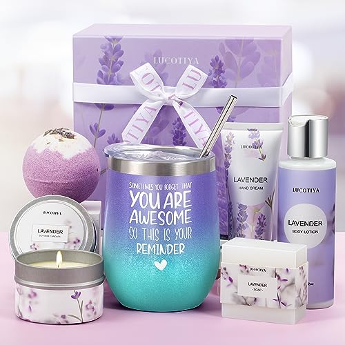 Gifts for Women, Bath and Body Works, Birthday Gifts for Women Spa Gifts Baskets for Women Bubble Bath for Women Lavender Gifts for Mom Her Female Sister Mother Teacher Wine Tumbler Purple Gifts