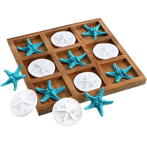 Chunful Beach House Decor Wooden Tic Tac Toe Game with Resin Seashell and Starfish Multilayer Tic Tac Toe Board Fun for Family Travel Beach Game 7.87 x 7.87 x 0.47 Inch (Wood Color)