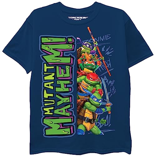 Teenage Mutant Ninja Turtles Boys TMNT Mayhem Movie Character Leo, Donnie, Raph, Mikey T-Shirt, Navy, 6-7 US