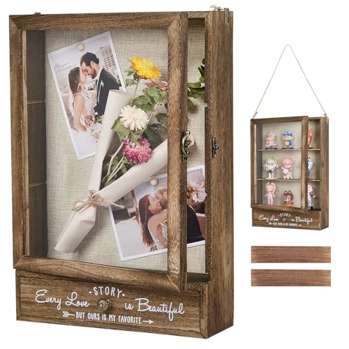 AW BRIDAL 11X16 Large Shadow Box Picture Frames Deep Shadow Boxes Display Cases with Removable Shelves and Drawers, Brown Wooden Memory Boxes for Keepsakes with Slot