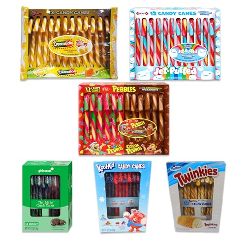 Candy Cane Variety 6 Pack of Weird Candy Cane Flavors- Girl Scout Thin Mints, Kool Aid, Twinkies, Creamsicle, Fruity Pebbles, and Jet Puffed. Crazy Flavored Candy Canes, Weird Candies