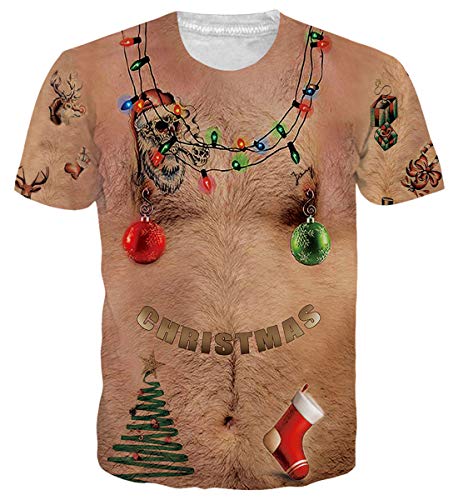 Men Women 3D Ugly Christmas Chest Hair Tshirt Funny X-mas Party Graphic Tee Shirt