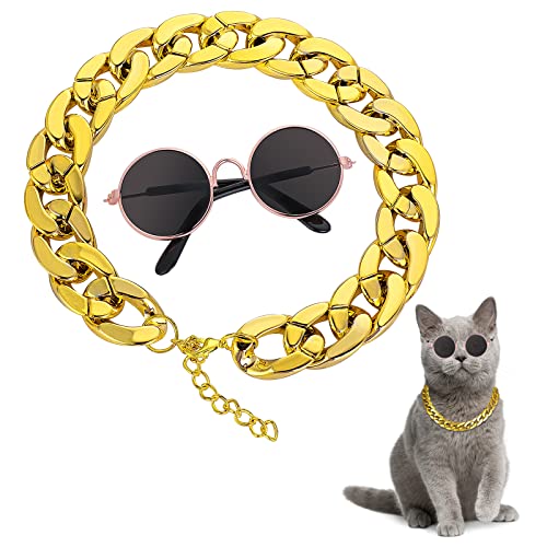 Molain Cat Sunglasses Gold Chain Costume Decorations- Cat UV Protection Classic Retro Puppy Retro Black Sunglasses Faux Gold Adjustable Chain Cosplay Costume Cool Funny Photo Props