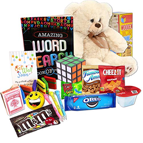 GET WELL SOON Gift Basket for kids, sick care package for child boy girl, Feel better soon home, hospital w/activity games, toys, teddy bear, candy & snacks covid, recovery cancer