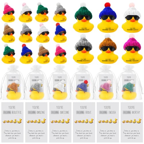 Liliful Inspirational Mini Rubber Ducks with Glasses You Are Awesome Sign Thank You Gift Employee Teacher Appreciation Gifts You're Great Kind Cheer up Cards(24 Set, Yellow)