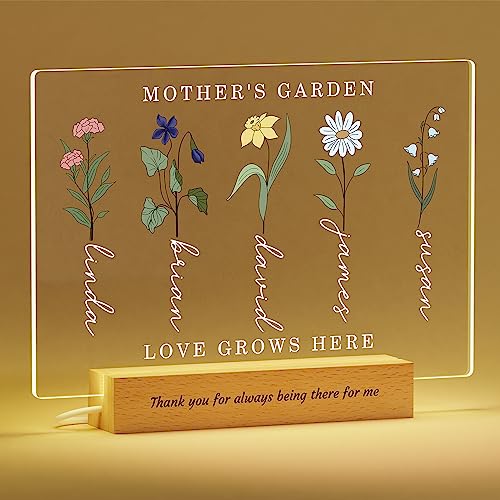 Voryusmer Personalized Gifts for Mom - Engraved Mothers Garden Night Light - Unique Birthday and Mother's Day Gift Ideas, Custom Birth Month Flower, Name, Base, Text, Optional LED Lights