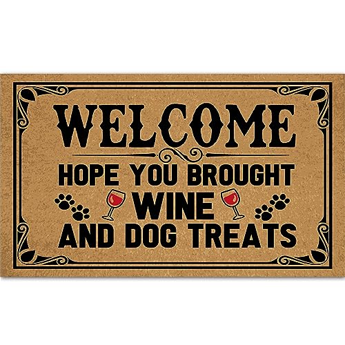 Ayatow Outdoor Doormats for Entrance Way Outdoors, Hope You Brought Wine & Dog Treats Funny Indoor Welcome Mats for Front Door 30' X 18' Size, Personalized Holiday Door Mats Outside
