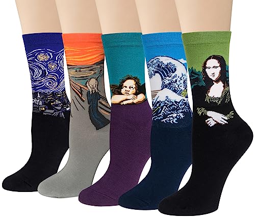 Chalier 4 Pairs / 5 Pairs Womens Famous Painting Art Printed Funny Casual Cotton Crew Socks
