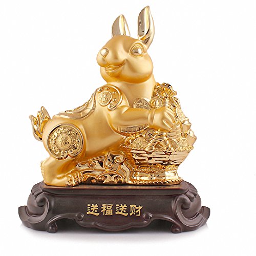BOYULL Large Size Chinese Zodiac Rabbit Golden Resin Collectible Figurines Table Decor Statue