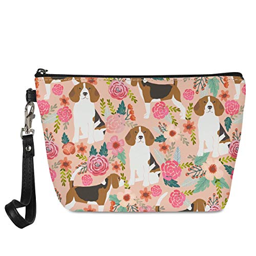 Mumeson Small Toiletry Cosmetic Handy Bag for Women Ladies Pink Floral Beagles Zipper Closure Travel Pouch Storage Clutch Purse