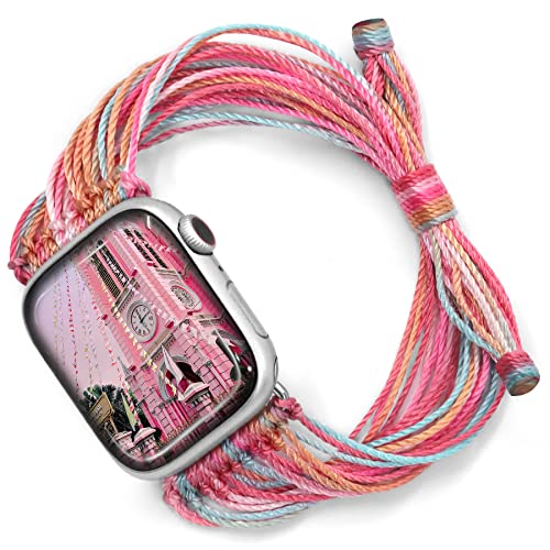 JR.DM Boho Watch Bands Compatible with Apple Watch 40mm 41mm 38mm 44mm 42mm 45mm Women Girls, Cute Handmade Friendship Bracelet Hippie String Art for iWatch Series SE/9/8/7/6/5/4/3/2/1(Sakura)