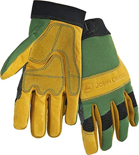 John Deere JD00009 Leather Gloves - Large, Grain Cowhide Leather Palm, Spandex Back, Hook and Loop Wrist