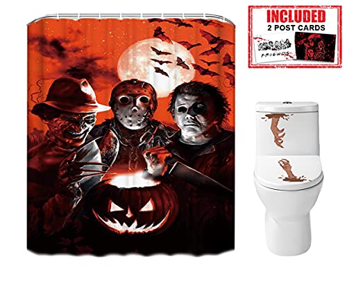 Halloween Shower Curtain Set for Bathroom- Scary Killer Freddy Jason Michael, Horror Movie Themed Holiday Polyester Fabric Decoration with Hooks and Toilet Sticker, Halloween Decor 72x72