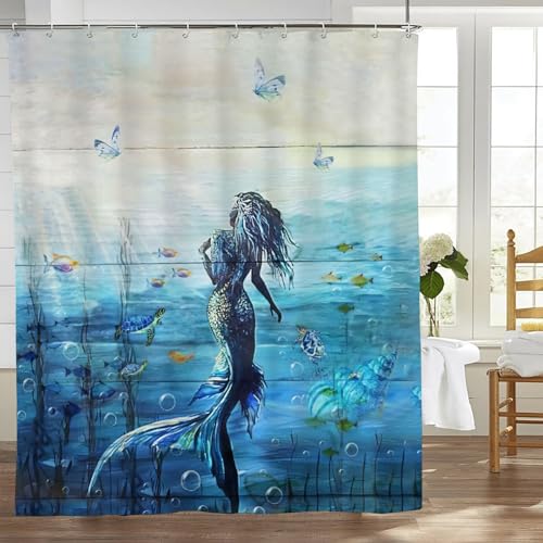 Nautical Mermaid Shower Curtain Coastal Ocean Sea Life Girl Bathroom Decor Shower Curtain Fabric Polyester Waterproof with Plastic Hooks 60' X 72'