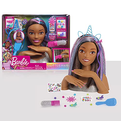 Barbie Deluxe 20-Piece Glitter and Go 12.75-inch Styling Head and Accessories – Brown Hair, Kids Toys for Ages 5 Up by Just Play