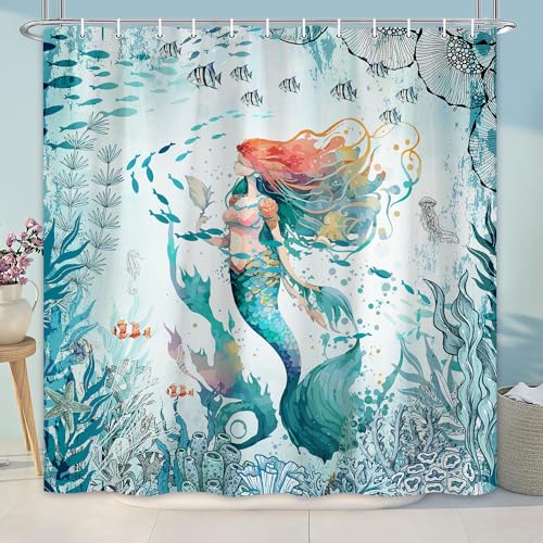 PINPAI Mermaid Shower Curtain for Kids, Green Teal Beach Shower Curtain Set for Bathroom, Sea Ocean Fish Fabric Shower Curtain Restroom Bathtub Decor Accessories with Hooks 72X 72 inch