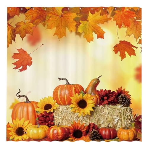 Funnytree 72'x72' Fall Pumpkins Maple Autumn Thanksgiving Sunflowers Harvest Falling Leaves Shower Curtain for Bathroom Decor Machine Washable (Hooks Not Included)