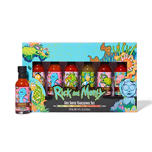 Adult Swim RICK AND MORTY Hot Sauce Challenge Set, Officially Licensed, Flavors Include Chipotle, Habanero, Jalapeno, Garlic and More, Hot Sauce Variety Pack, Set of 6