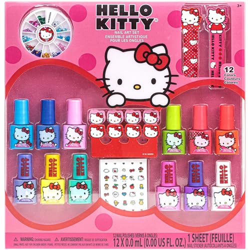 Hello Kitty - Townley Girl Non-Toxic, Water-Based, Peel-Off Nail Polish Set with Glittery & Opaque Colors and Nail Accessories for Girls Kids Ages 3+, Perfect for Parties & Makeovers