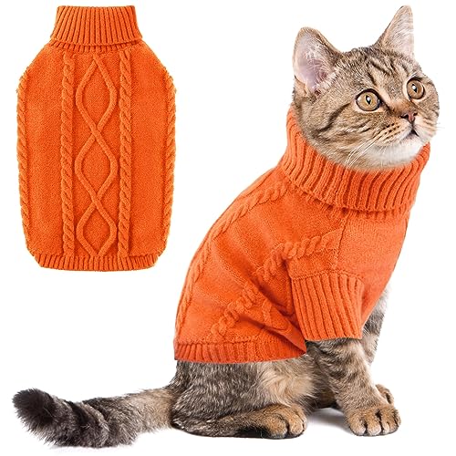 ALAGIRLS Classic Knitwear Fleece Dog Sweater Cat Clothes, Soft Turtleneck Warm Cat Sweaters Doggies Coat, Ugly Thanksgiving Halloween Christmas Holiday Pet Outfits Apparel, Orange S