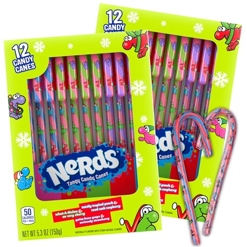Limited Edition Nerds Candy Canes, Fruit Flavored Holiday Treats, Stocking Stuffers and Edible Christmas Tree Decorations, 12 Count Each, (Pack of 2) (Nerds)