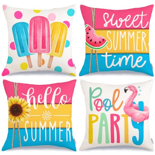 GEEORY Hello Summer Pillow Covers 18x18 Inch Set of 4, Popsicles Flamingo Swim Ring Pool Party Sweet Summer Time Farmhouse Decorative Throw Pillowcases for Home Sofa Couch Decoration G525-18