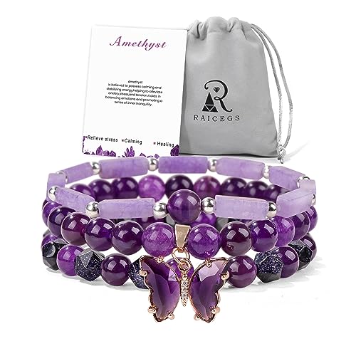 Raicegs Healing Crystal Bracelets for Women Amethyst Bracelet Butterfly Charm 8mm Natural Stone Beaded Bracelet Anxiety Stress Relief Purple Bracelets for Women