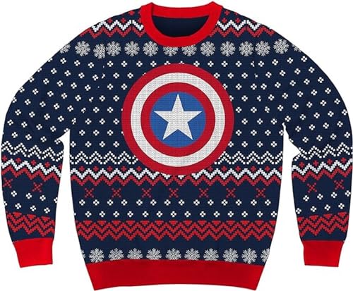 Captain America Marvel Comics Holiday Christmas Sweater Licensed (Medium) Blue
