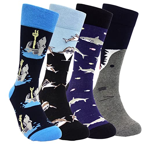HSELL Mens Fun Patterned Dress Socks Funny Novelty Crazy Design Cotton Socks Gift for Men (4 Pairs - Shark)