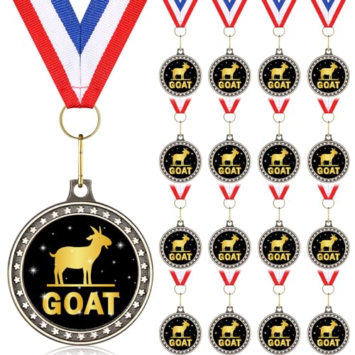 Ferreve 16 Pcs Greatest of All Time Champ Medal with Neck Ribbon G. O. A. T. Pendant Medal Award Funny Recognition Football Medals MVP Necklace Fantasy Sports Award for Tournament League Champion