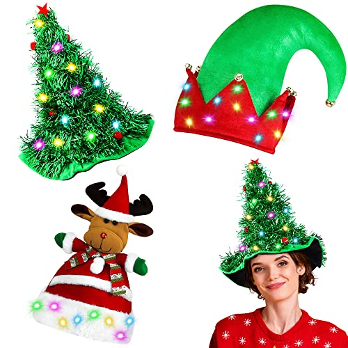 Hiwooii 3 Pack Christmas Hats Santa Hats with LED Lights Christmas Tree Hats Elf Christmas Hat Elk Santa Hat Funny Christmas Hats Xmas Party Supplies Dress Up Celebrations for Adults